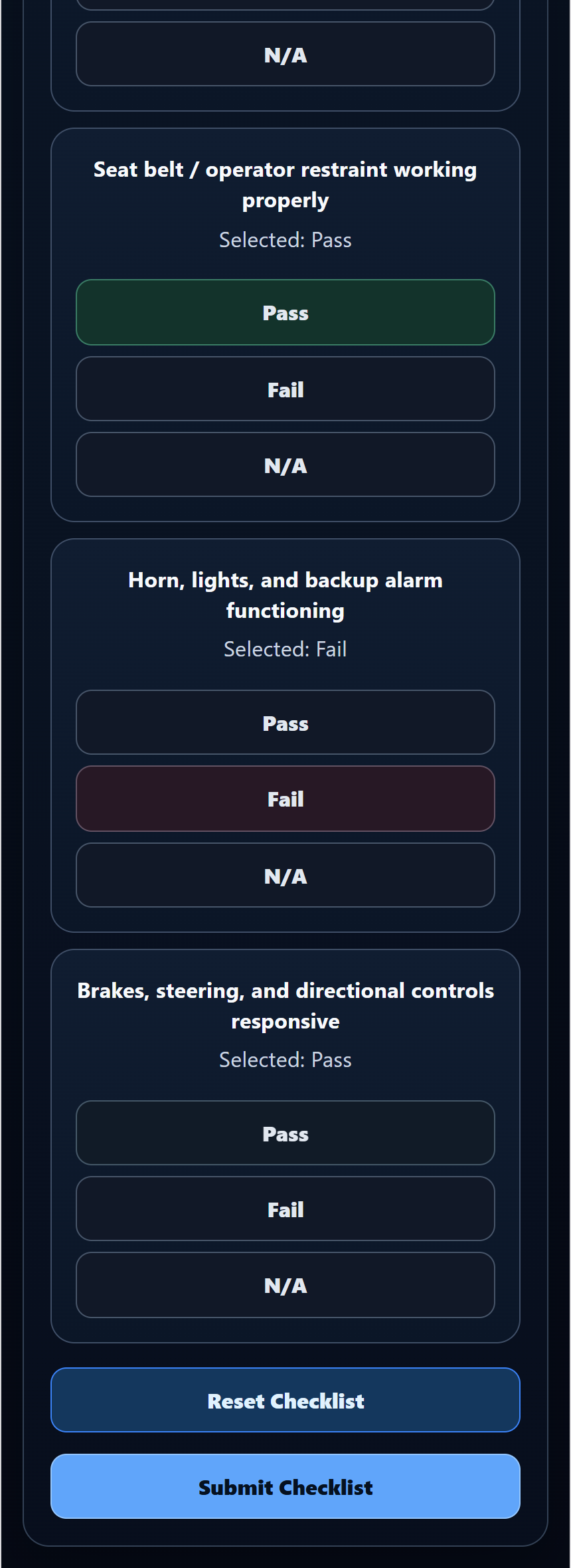 Mobile field checklist view from the current walkthrough.