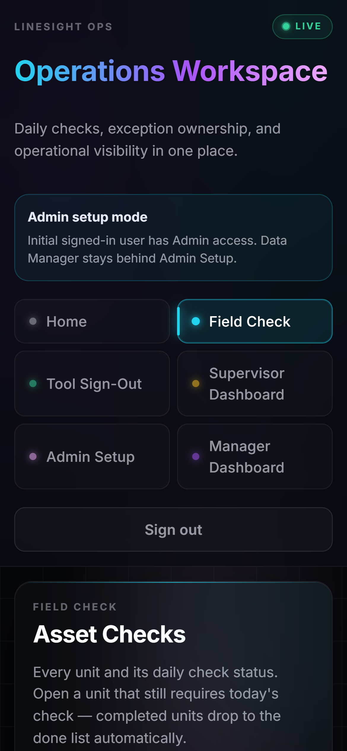 Mobile field checklist view from the current build.